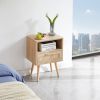 Rattan End table with Power Outlet & USB Ports ; Modern nightstand with drawer and solid wood legs; side table for living roon; bedroom; natural