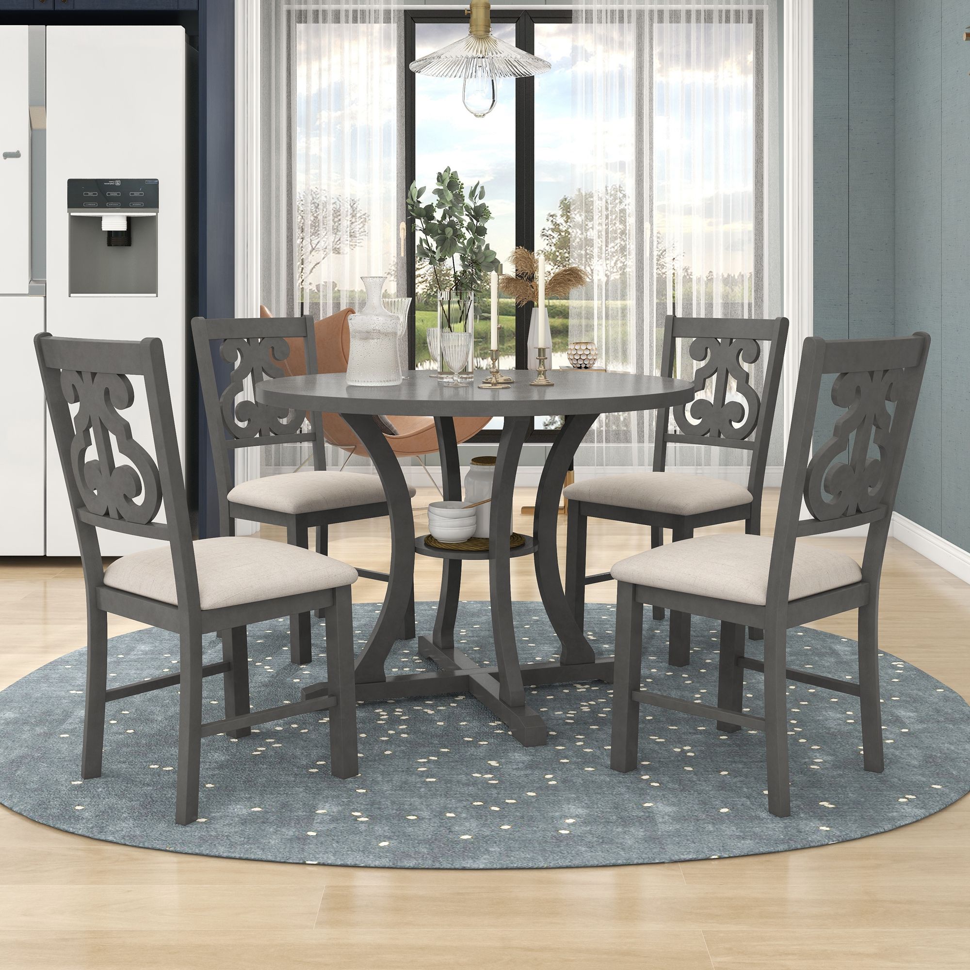 5-Piece Round Dining Table and 4 Fabric Chairs with Special-shaped Table Legs and Storage Shelf 5-Piece Round Dining Table and 4 Fabric Chairs with Special-shaped Table Legs and Storage Shelf